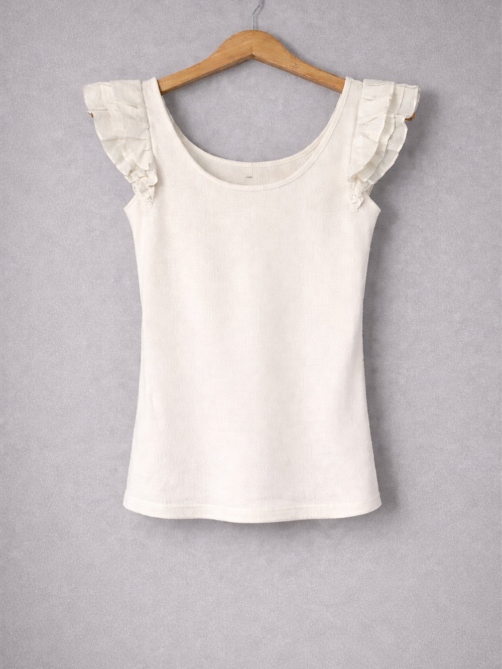Candace Cameron Bure White Ruffle Sleeve Top XXS Ribbed Stretch Knit Casual Top